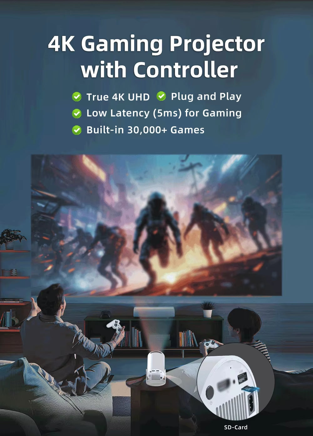 30000+ GAME Projectors 4K Android Portable Video Projector Bluetooth and Wifi Home Theater Support Netfli Youtub