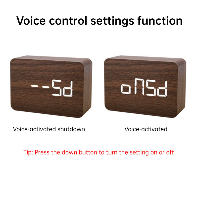 Wooden Electronic Digital Clock - Voice Controlled LED Desk Alarm with Date/Temperature Display, Battery/USB Powered