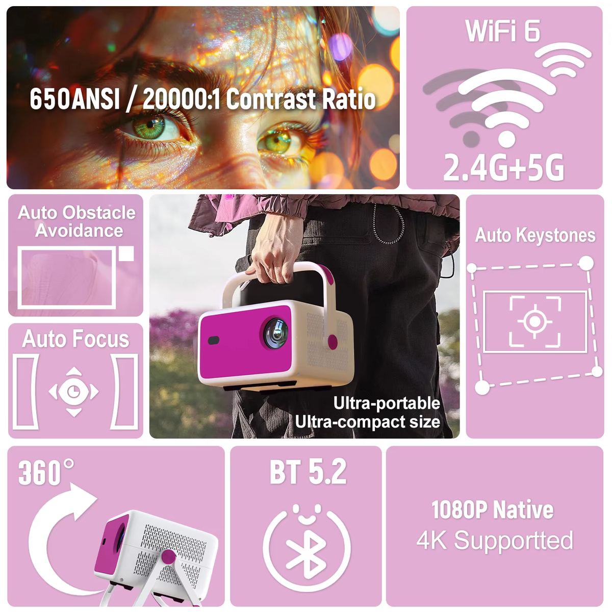 4K 1080P HD Projector 650 ANSI Auto Focus Android 11 H713 Wifi6 BT5.2 Portable Outdoor Video Smart Home Theater Projectors