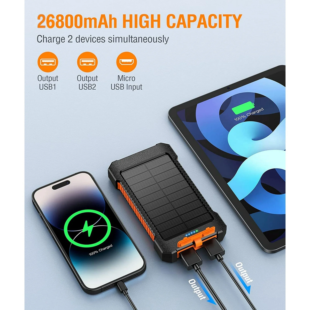 26800Mah Solar Power Bank, USB Portable Solar Charger Compatible for Iphone, Android Phone