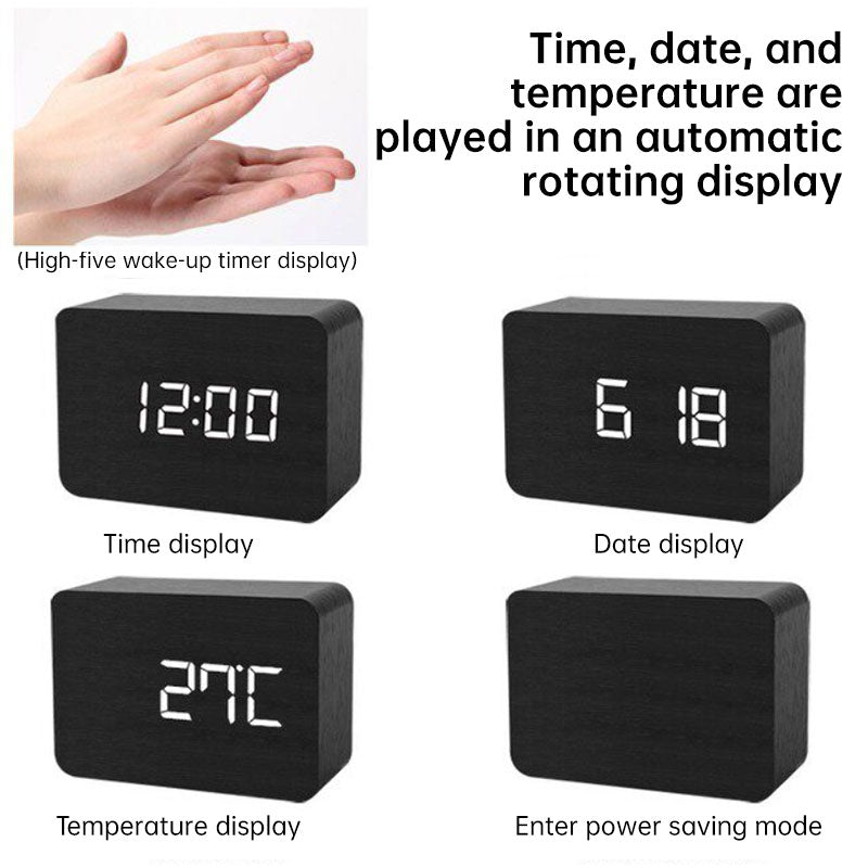 Wooden Electronic Digital Clock - Voice Controlled LED Desk Alarm with Date/Temperature Display, Battery/USB Powered