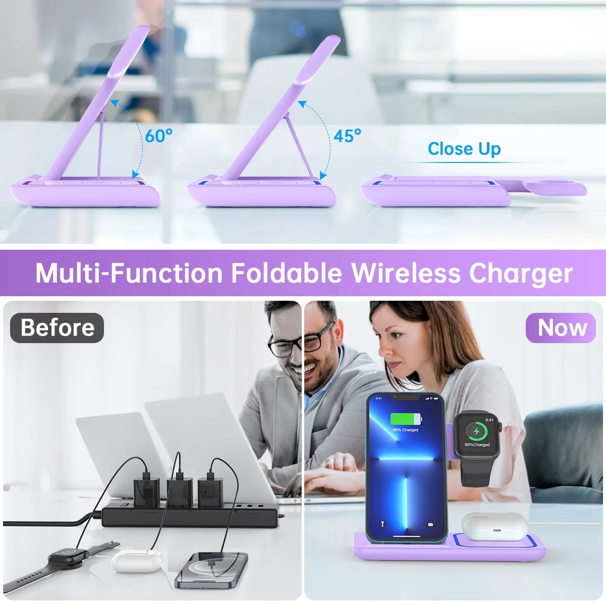 Wireless Charging Station, 3 in 1 Wireless Charger for Iphone 17/16/15/14/13/12/11/Pro/Pro Max/Xs, 18W Charging Dock for Iwatch Series 11 10 9 8 7 6 5 4 3 2, Airpods 4/3/2/Pro(Purple)
