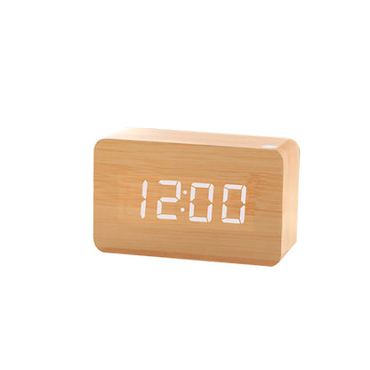Wooden Electronic Digital Clock - Voice Controlled LED Desk Alarm with Date/Temperature Display, Battery/USB Powered