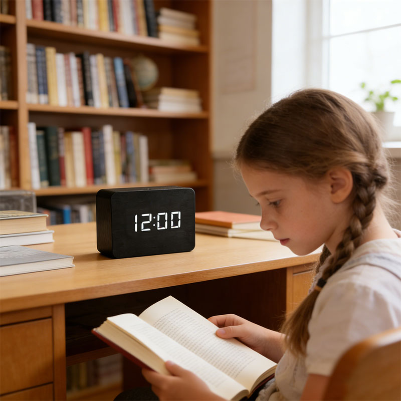 Wooden Electronic Digital Clock - Voice Controlled LED Desk Alarm with Date/Temperature Display, Battery/USB Powered