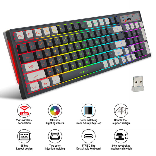 Gaming keyboard RGB backlight two-color keycaps gray and white double color 2.4G wireless membrane keyboard
