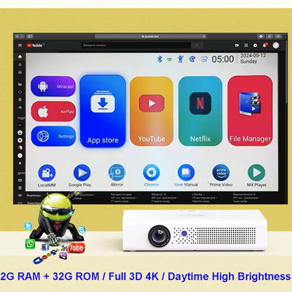 4K 3D Daytime V6 Projector High Brightness Android 9.0 2G + 32G Bluetooth 5G Wifi Full Hd 1080P Video Game Projectors