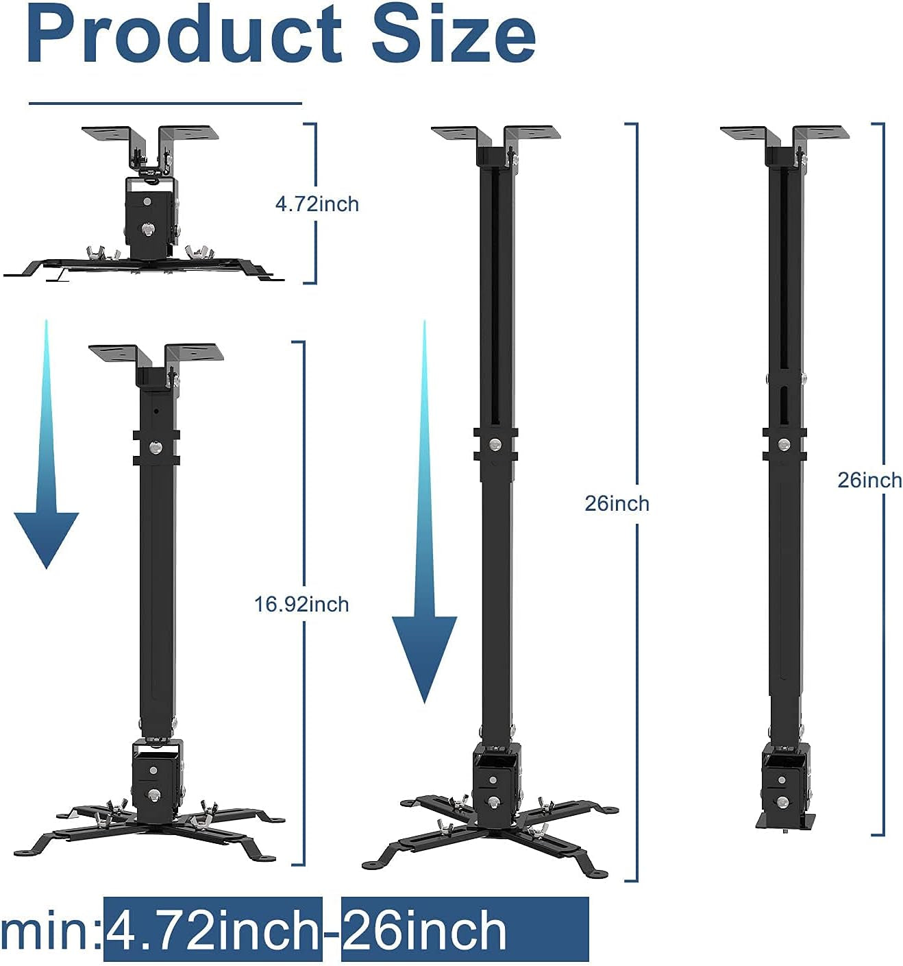 Projector Mount Wall or Ceiling Bracket with Adjustable Height and Extendable Arms Projection Mount for Different Size Projector(Black)