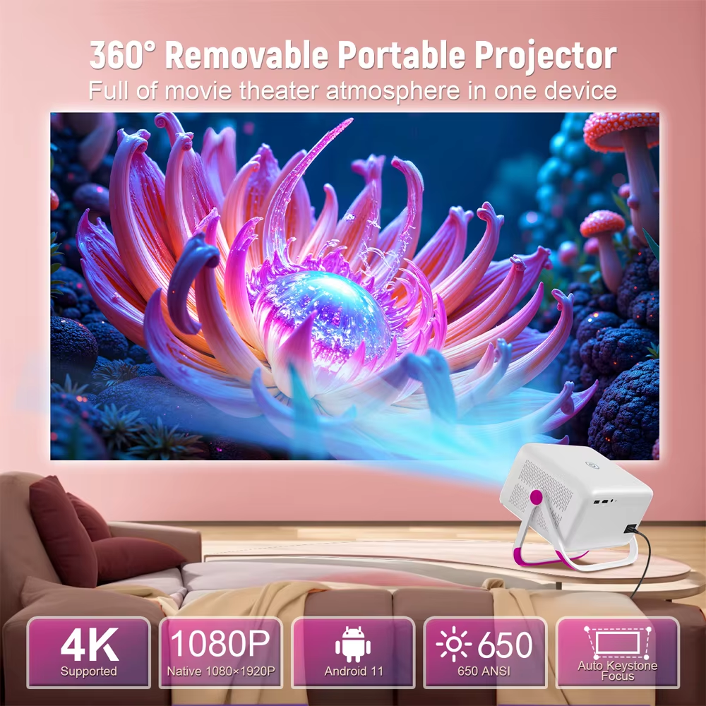 4K HD Projector 650 ANSI 1080P Auto Focus Android 11 H713 Wifi6 BT5.2 Portable Outdoor Video Smart Home Theater Projectors