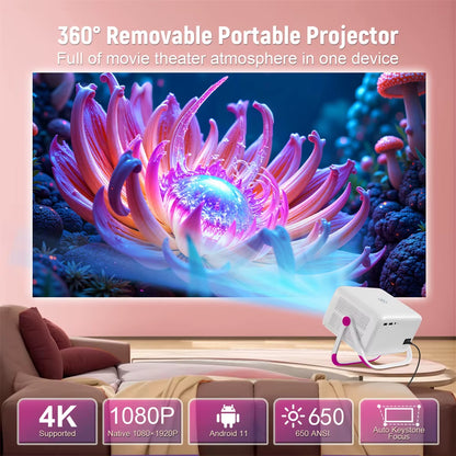 4K HD Projector 650 ANSI 1080P Auto Focus Android 11 H713 Wifi6 BT5.2 Portable Outdoor Video Smart Home Theater Projectors